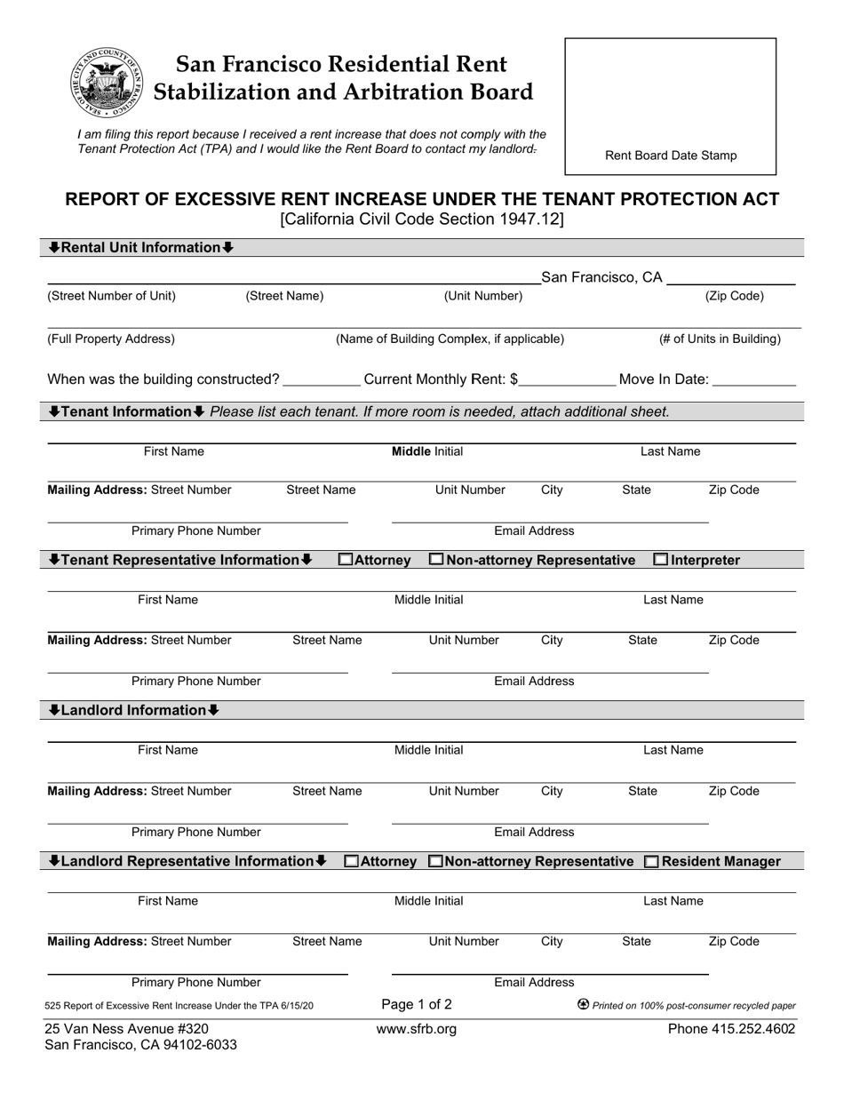 Form 525 Report of Excessive Rent Increase Under the Tenant Protection Act - City and County of San Francisco, California, Page 2