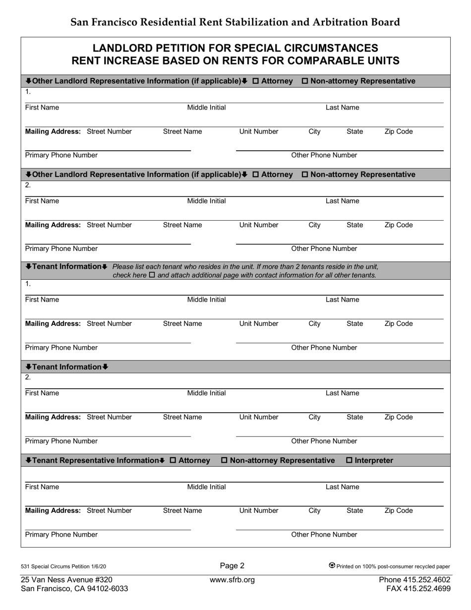 Form 531 Special Circumstances Petition (Based on Rents for Comparable Units) - City and County of San Francisco, California, Page 2