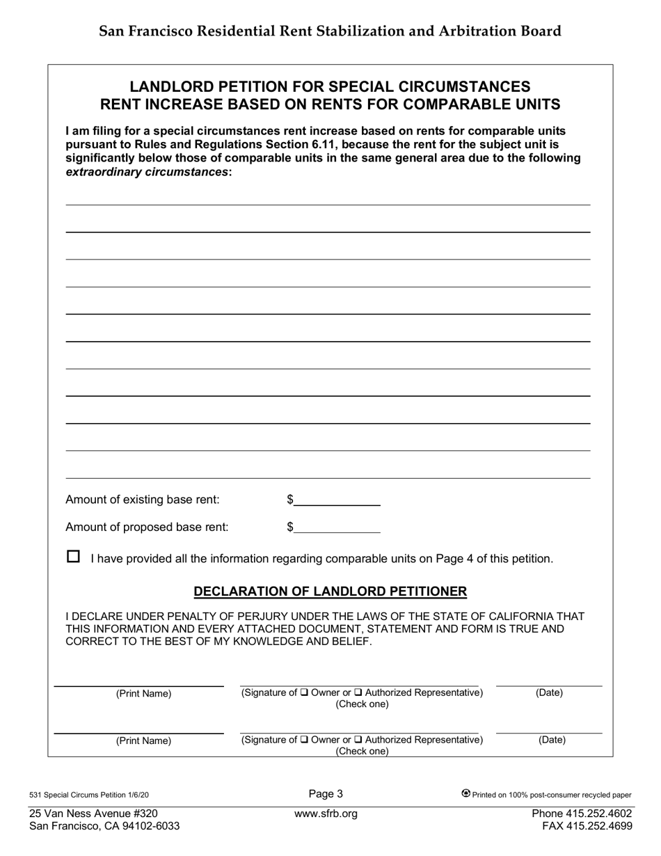 Form 531 Special Circumstances Petition (Based on Rents for Comparable Units) - City and County of San Francisco, California, Page 3