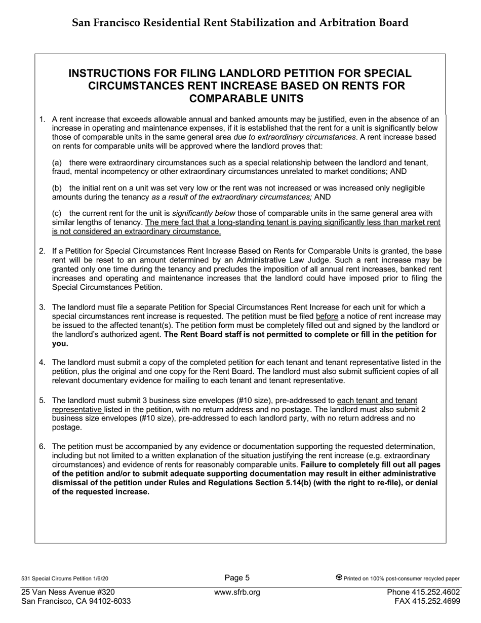 Form 531 Special Circumstances Petition (Based on Rents for Comparable Units) - City and County of San Francisco, California, Page 5