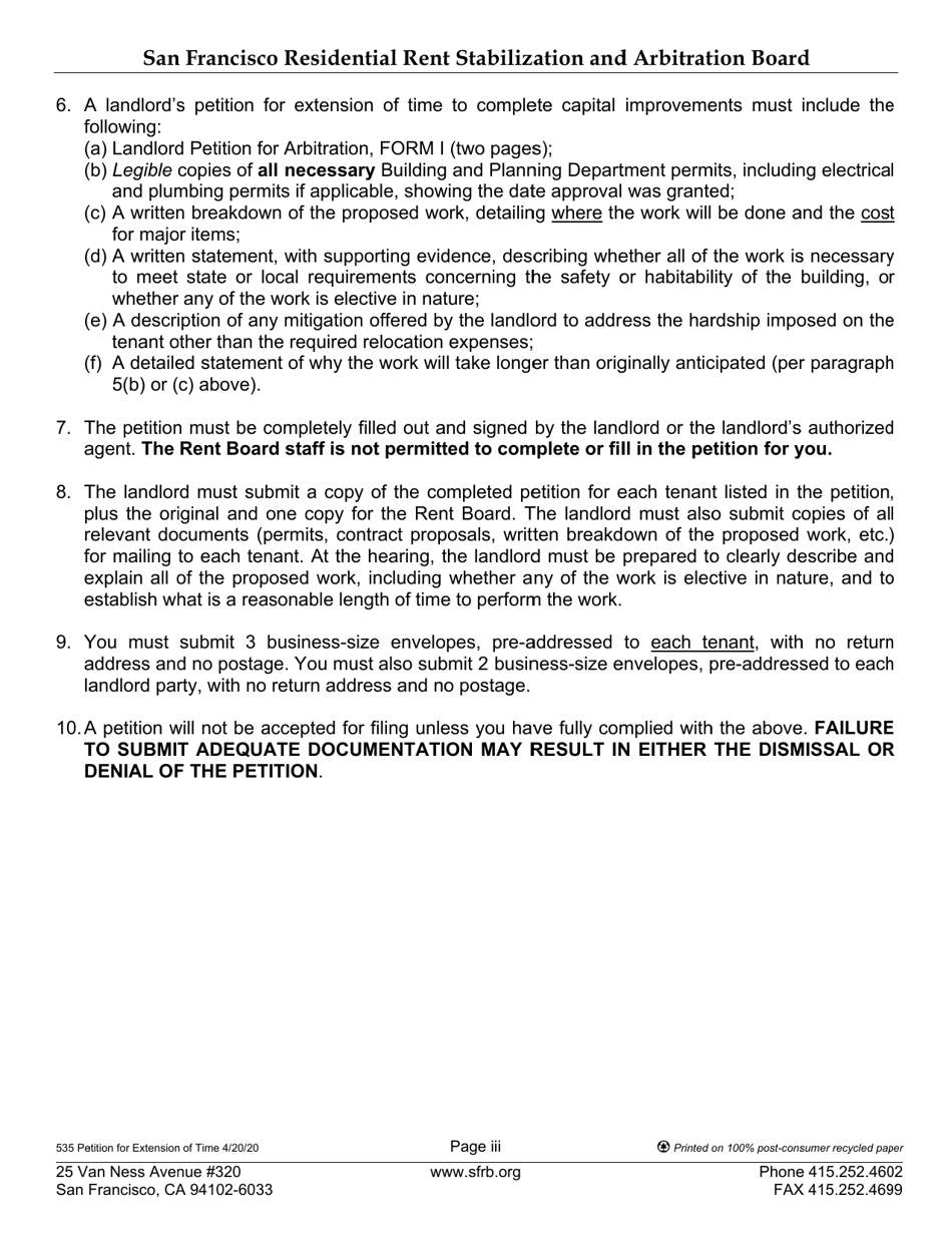 Form 535 Landlord Petition for Extension of Time to Complete Capital Improvements - City and County of San Francisco, California, Page 3