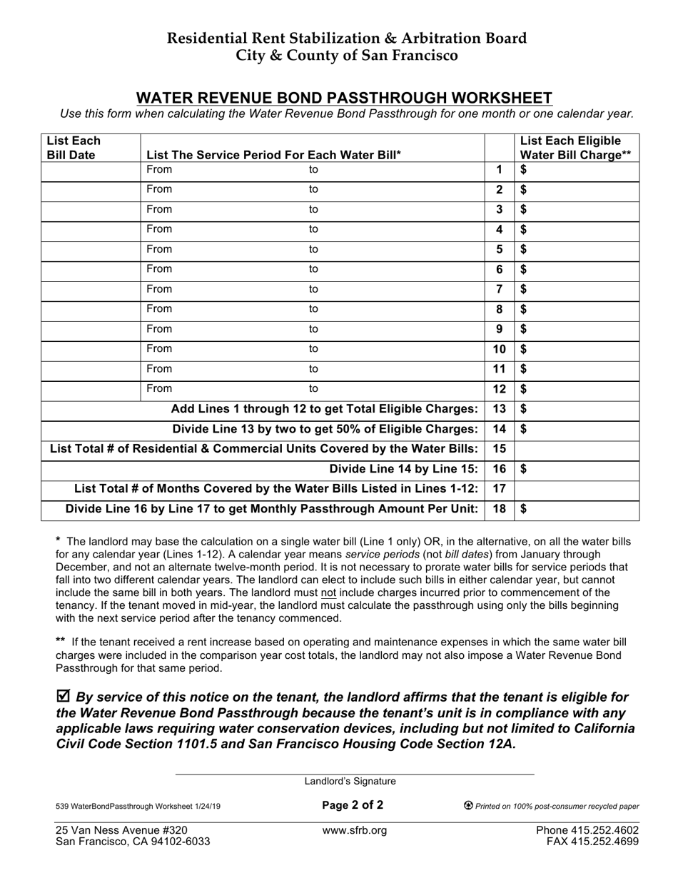 Form 539 Water Revenue Bond Passthrough Worksheet - City and County of San Francisco, California, Page 2