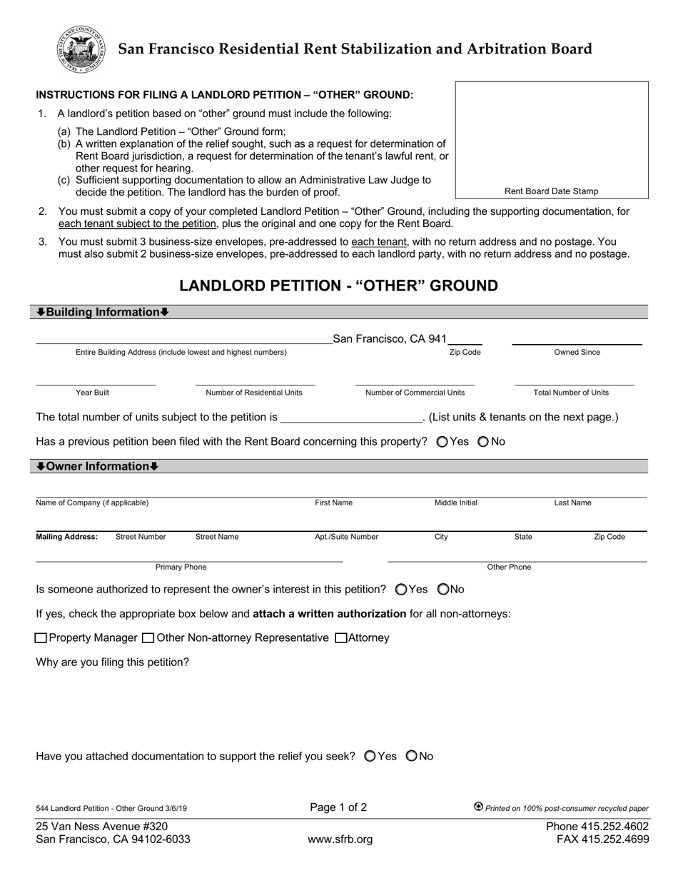 Form 544 Landlord Petition - other Ground - City and County of San Francisco, California, Page 1