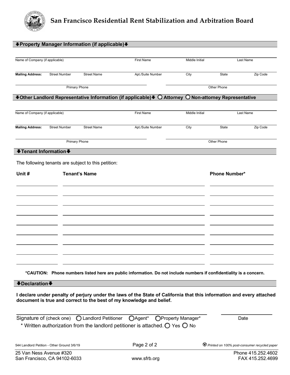 Form 544 Landlord Petition - other Ground - City and County of San Francisco, California, Page 2