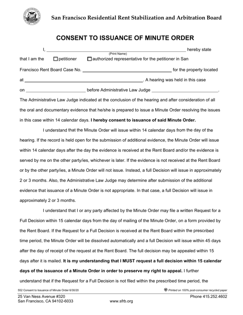Document preview: Form 552 Consent to Issuance of Minute Order - City and County of San Francisco, California