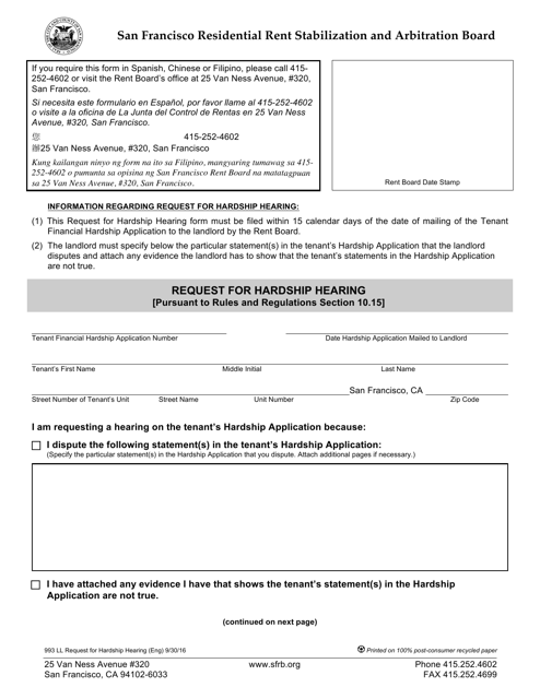 Form 993 Request for Hardship Hearing - City and County of San Francisco, California