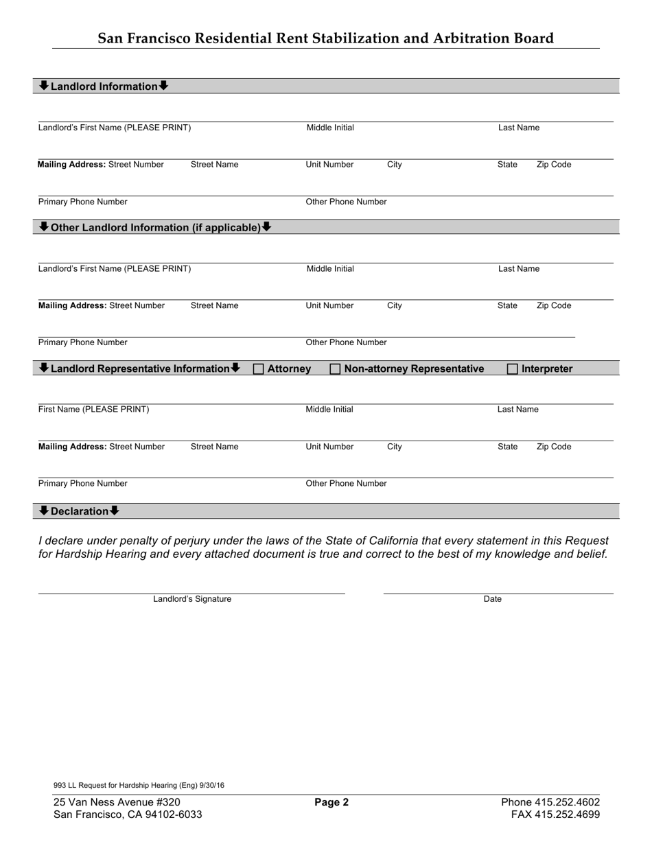 Form 993 Request for Hardship Hearing - City and County of San Francisco, California, Page 2