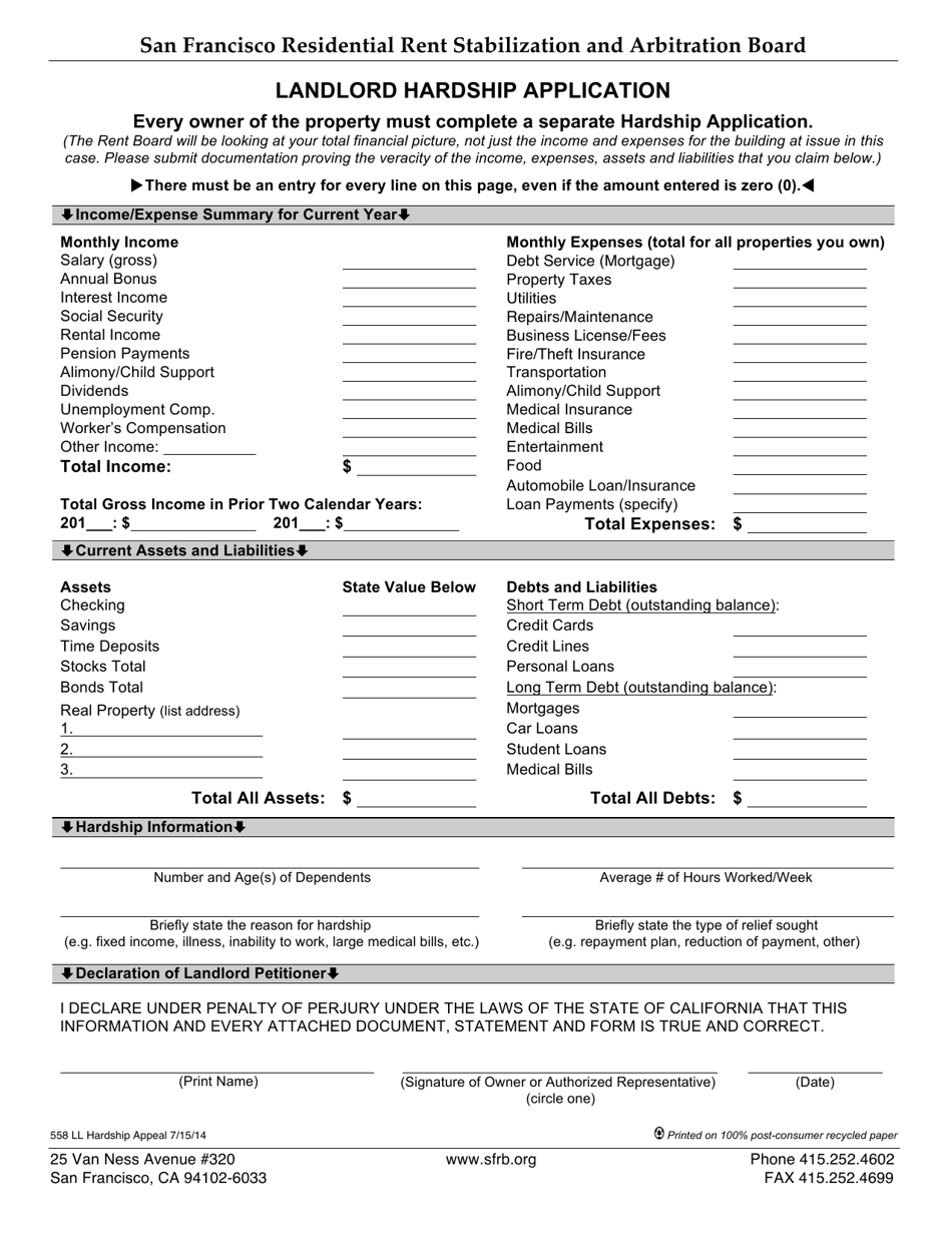 Form 558 Landlord Hardship Appeal  Hardship Application - City and County San Francisco, California, Page 4