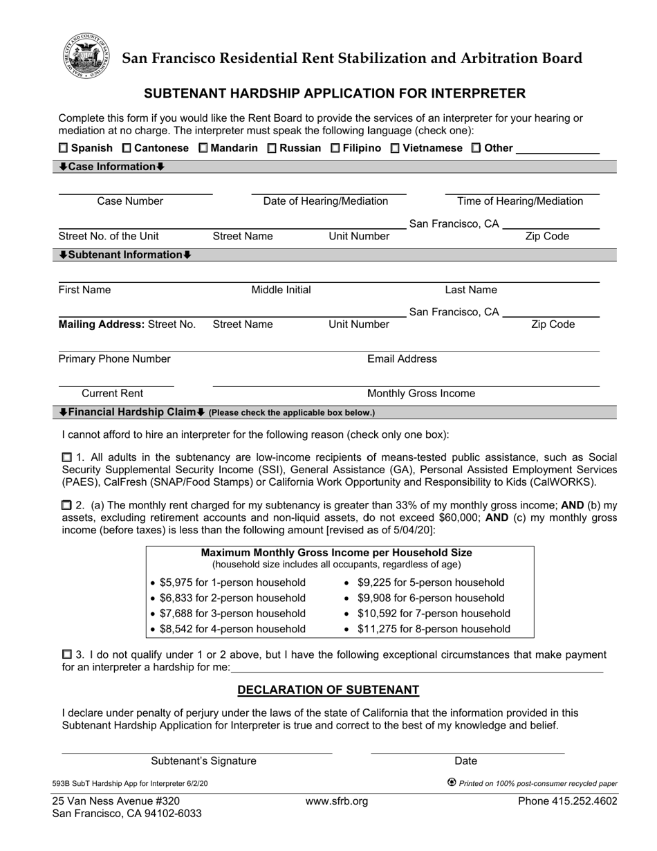 Form 593A Subtenant Hardship Application for Interpreter - City and County of San Francisco, California, Page 1