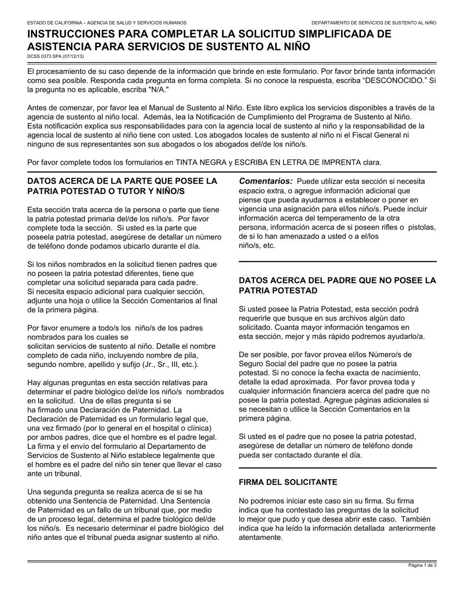 Formulario DCSS0373 SPA Solicitud Simplificada De Servicios De Sustento Al Nino - California (Spanish), Page 1