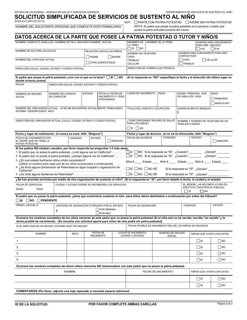Formulario DCSS0373 SPA Solicitud Simplificada De Servicios De Sustento Al Nino - California (Spanish), Page 3
