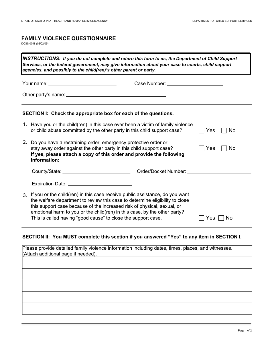 Form DCSS0048 Family Violence Questionnaire - California, Page 1