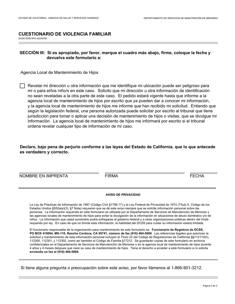 Formulario DCSS0048 SPA Cuestionario De Violencia Familiar - California (Spanish), Page 2