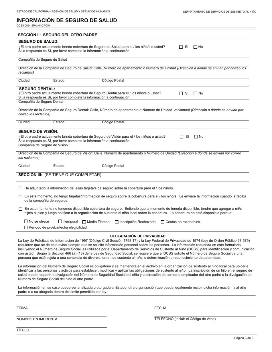 Formulario DCSS0054 SPA Informacion De Seguro De Salud - California (Spanish), Page 3
