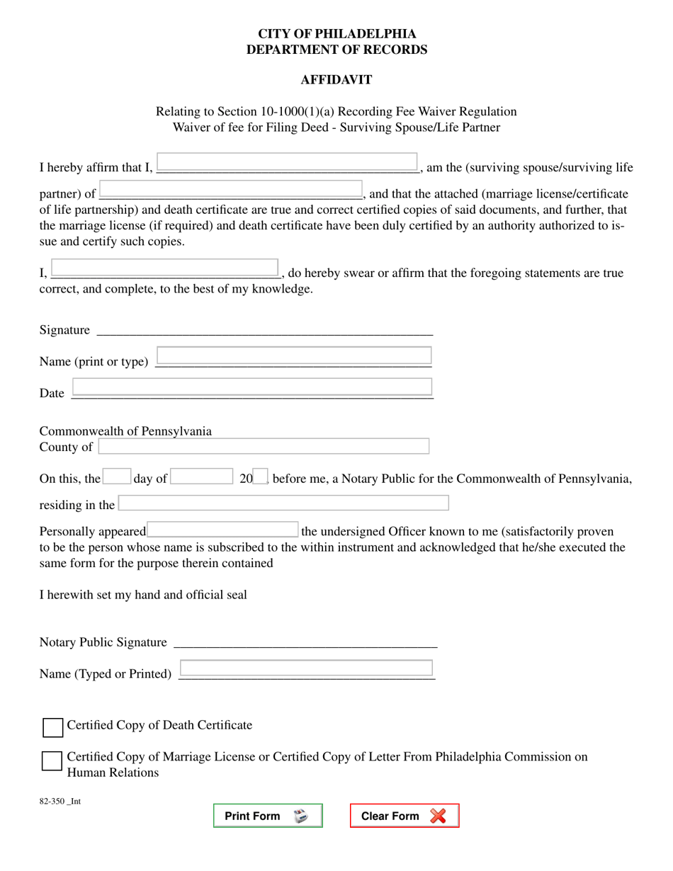 Form 82-350 Partial Waiver of Deed Recording Fee for Surviving Spouses - City of Philadelphia, Pennsylvania, Page 1