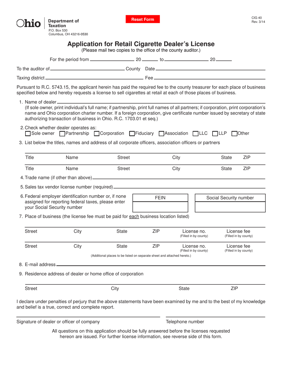 Form CIG40 Application for Retail Cigarette Dealers License - Ohio, Page 1