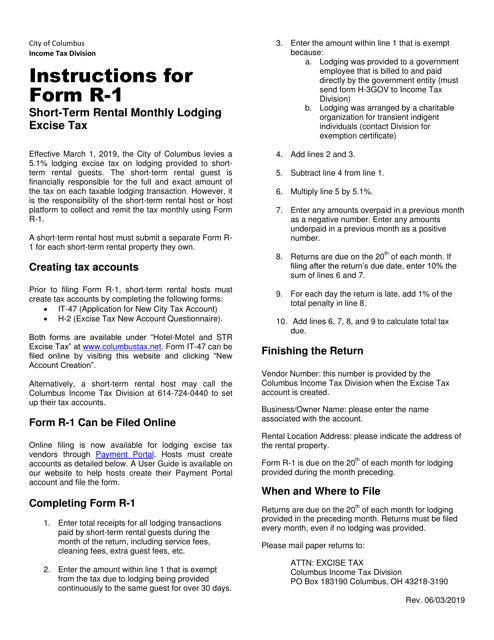 Instructions for Form R-1 Short-Term Rental Monthly Lodging Excise Tax - City of Columbus, Ohio