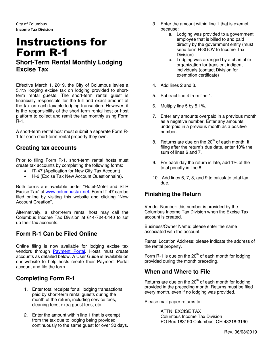 Instructions for Form R-1 Short-Term Rental Monthly Lodging Excise Tax - City of Columbus, Ohio, Page 1