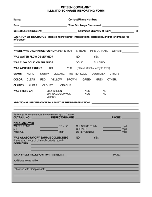 Citizen Complaint Illicit Discharge Reporting Form - Carnegie Borough, Pennsylvania Download Pdf
