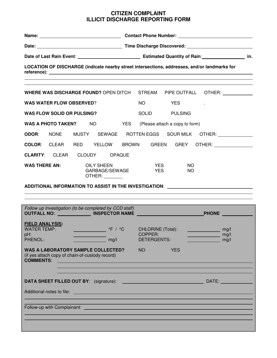 Citizen Complaint Illicit Discharge Reporting Form - Carnegie Borough, Pennsylvania, Page 1