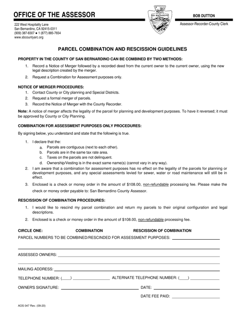 Form AOS047 Parcel Combination and Rescission Guidelines - County of San Bernardino, California
