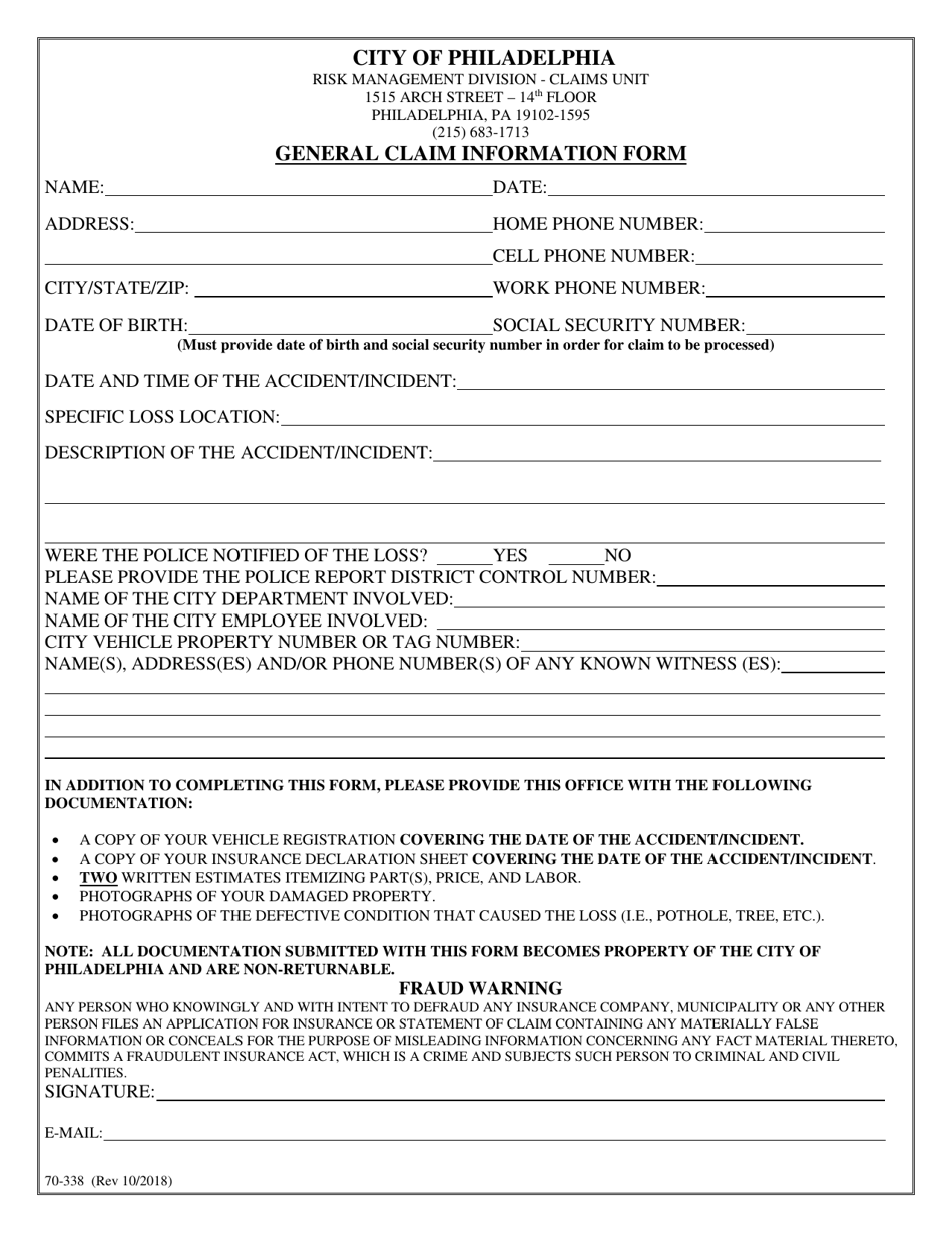 Form 70-338 General Claim Information Form - City of Philadelphia, Pennsylvania, Page 2
