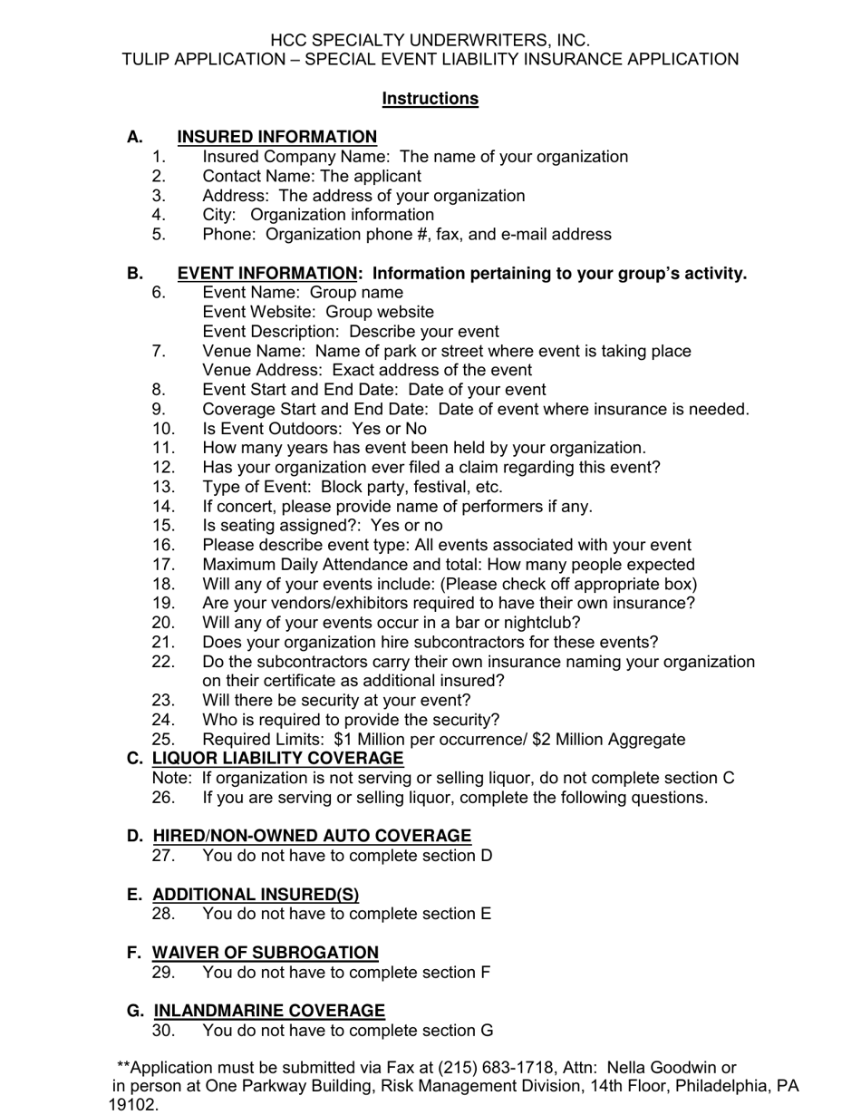 Instructions for Special Event Liability Application - City of Philadelphia, Pennsylvania, Page 1