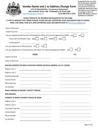 Document preview: Vendor Name and/or Address Change Form - City of Philadelphia, Pennsylvania