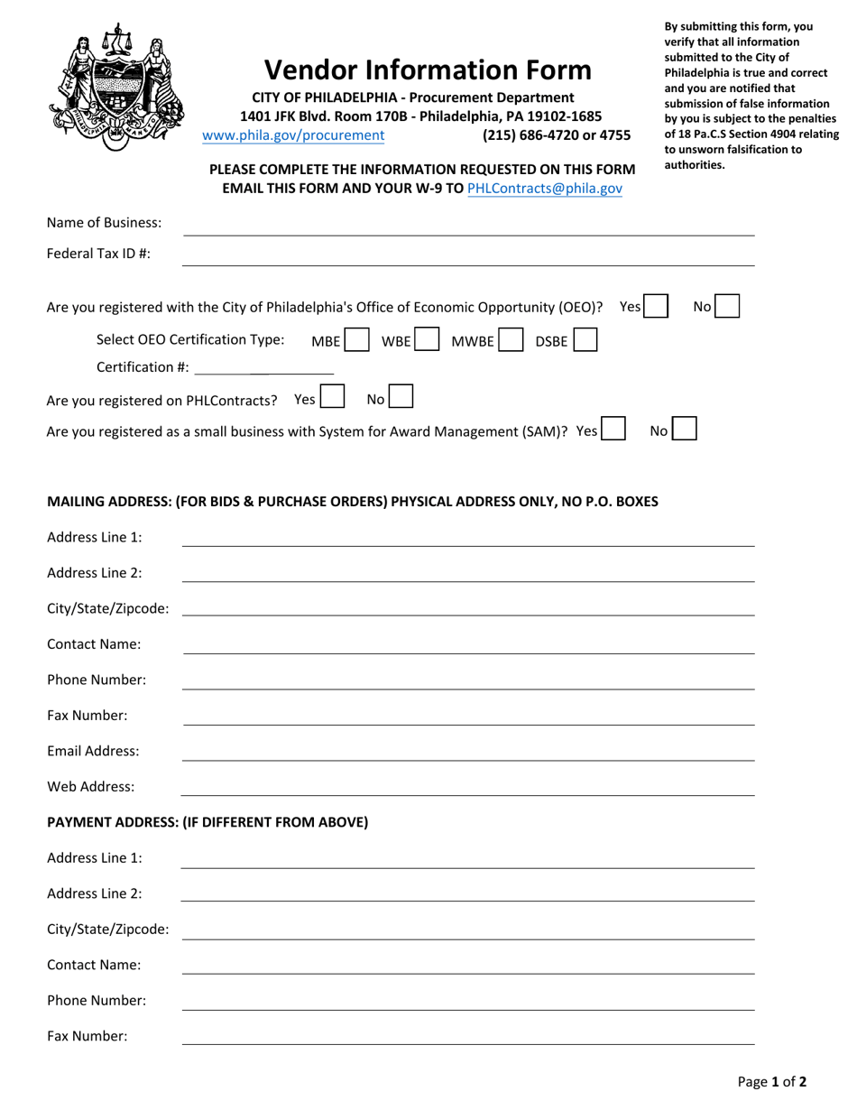 Vendor Information Form - City of Philadelphia, Pennsylvania, Page 1