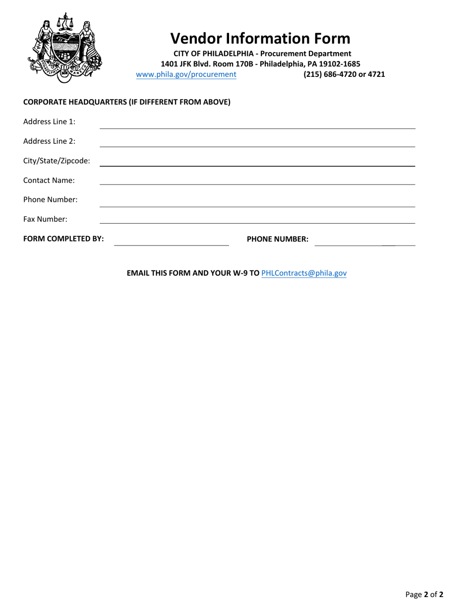 Vendor Information Form - City of Philadelphia, Pennsylvania, Page 2