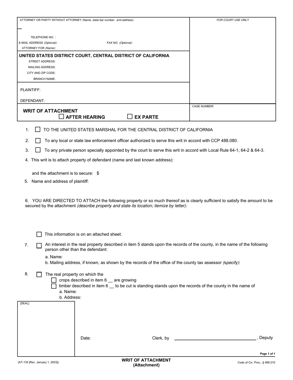 Form AT-135 (CV-004D) Writ of Attachment - California, Page 1