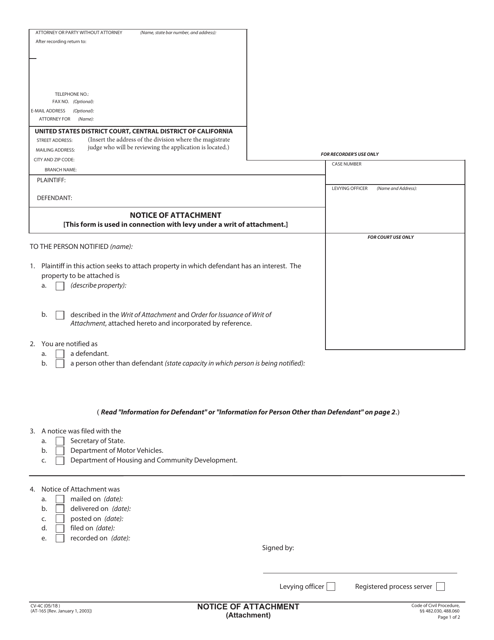 Form CV-4C Notice of Attachment (Attachment) - California