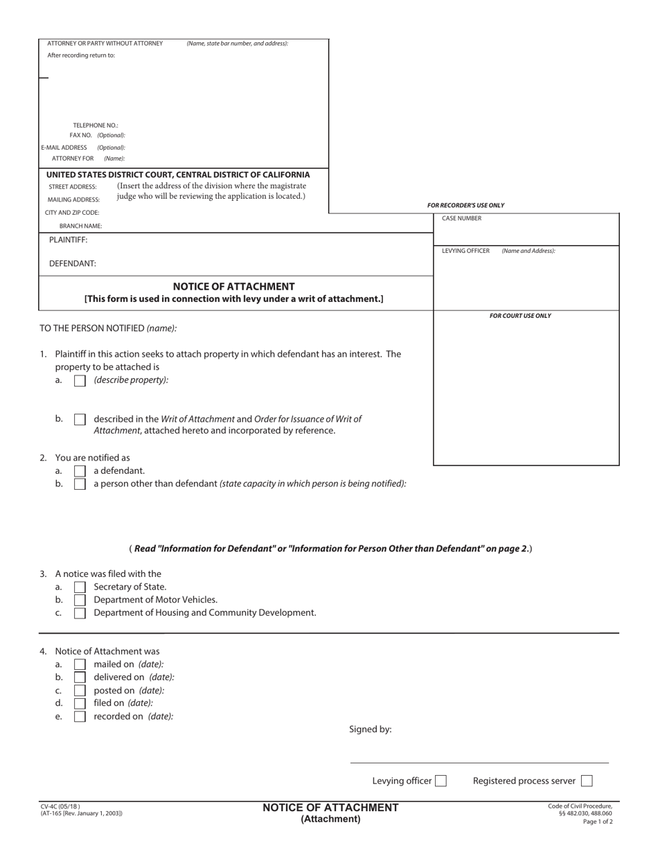 Form CV-4C Notice of Attachment (Attachment) - California, Page 1