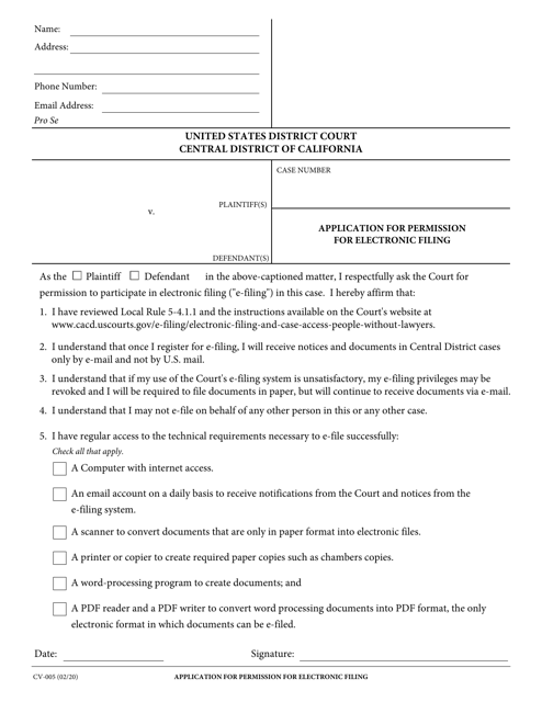Form CV-005 Application for Permission for Electronic Filing - California