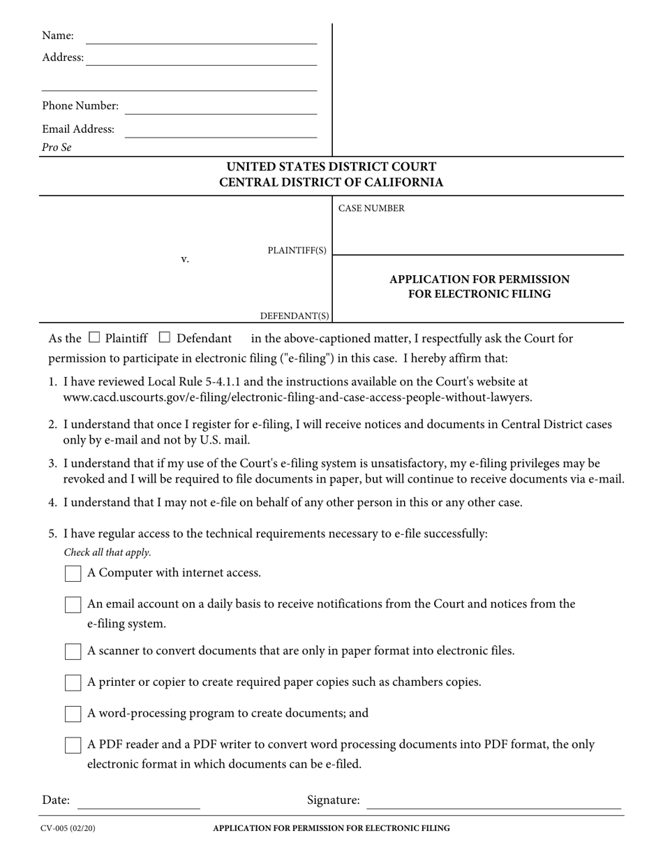 Form CV-005 Application for Permission for Electronic Filing - California, Page 1