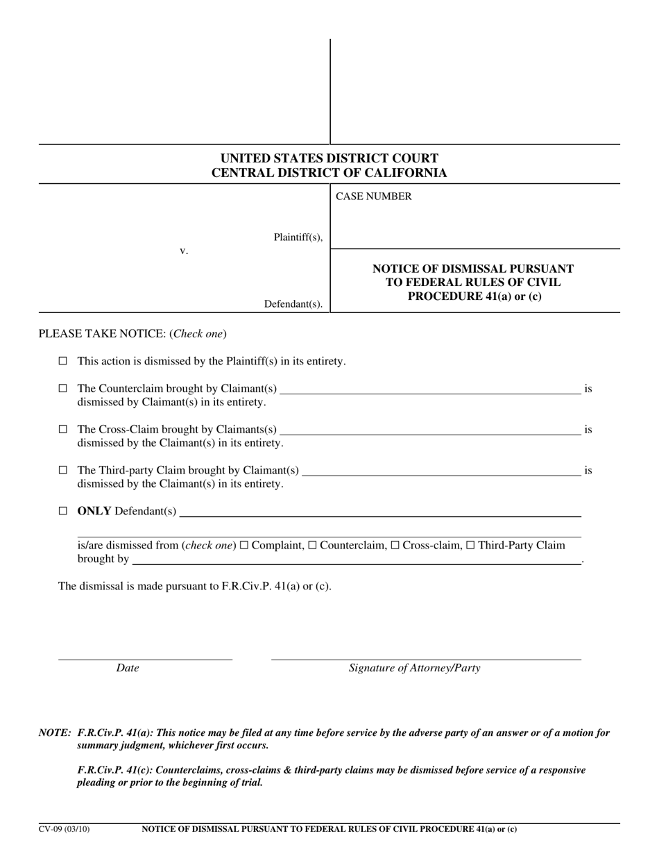 Form CV-09 Notice of Dismissal Pursuant to Federal Rules of Civil Procedure 41(A) or (C) - California, Page 1