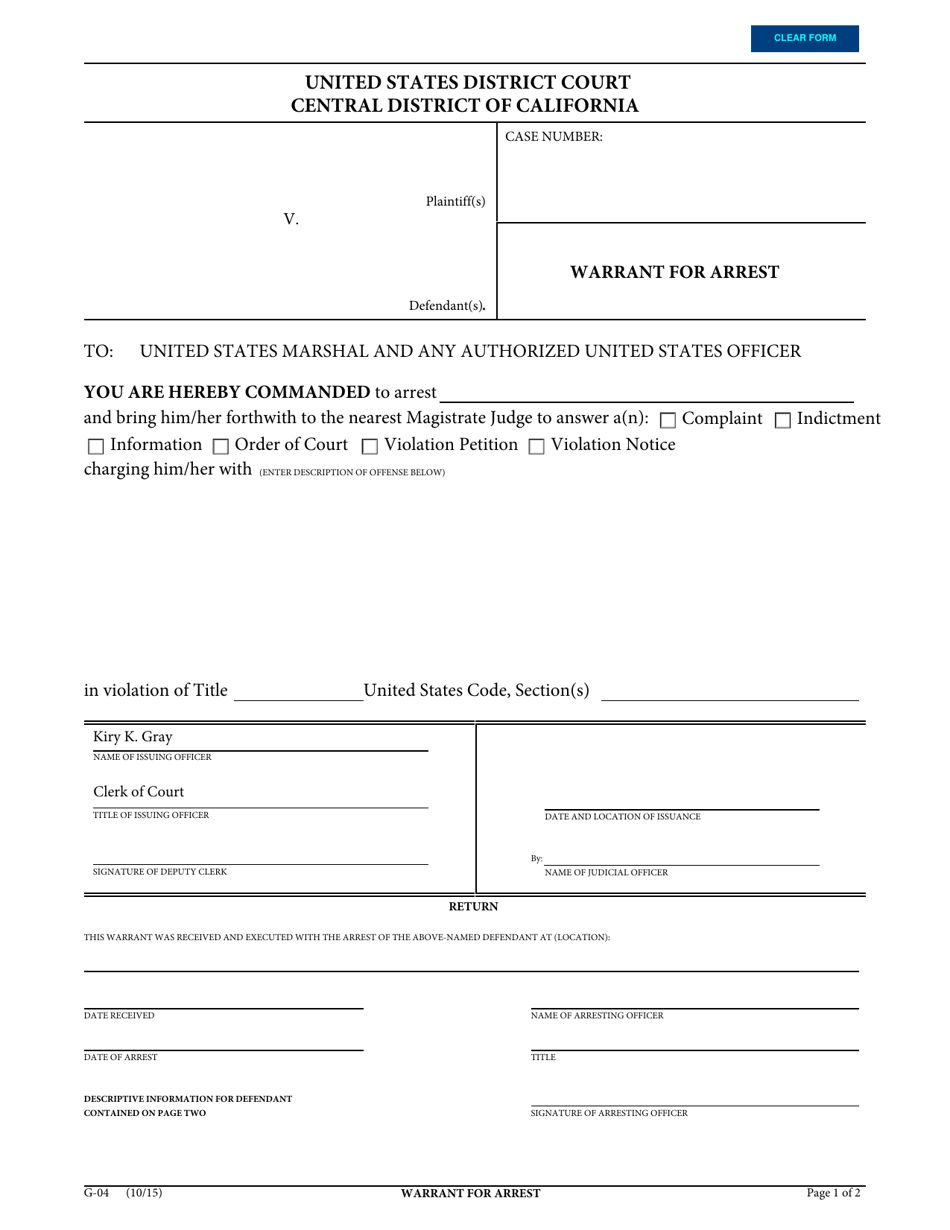 Form G-04 Warrant for Arrest - California, Page 1