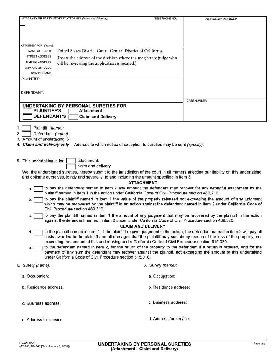 Form CV-4N Undertaking by Personal Sureties (Attachment - Claim and Delivery) - California, Page 1