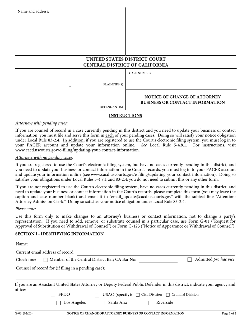 Form G-06 Notice of Change of Attorney Business or Contact Information - California, Page 1