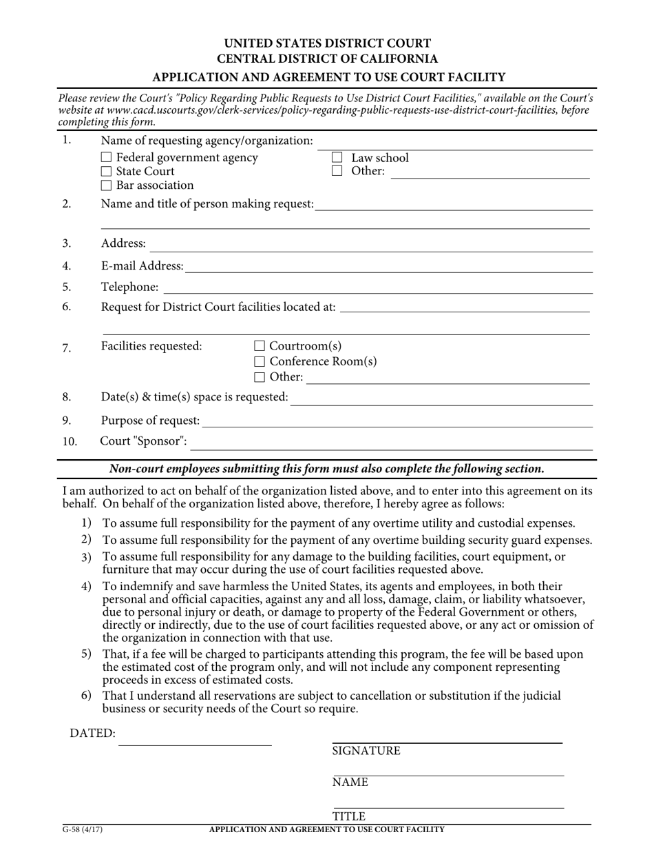 Form G-58 Application and Agreement to Use Court Facility - California, Page 1