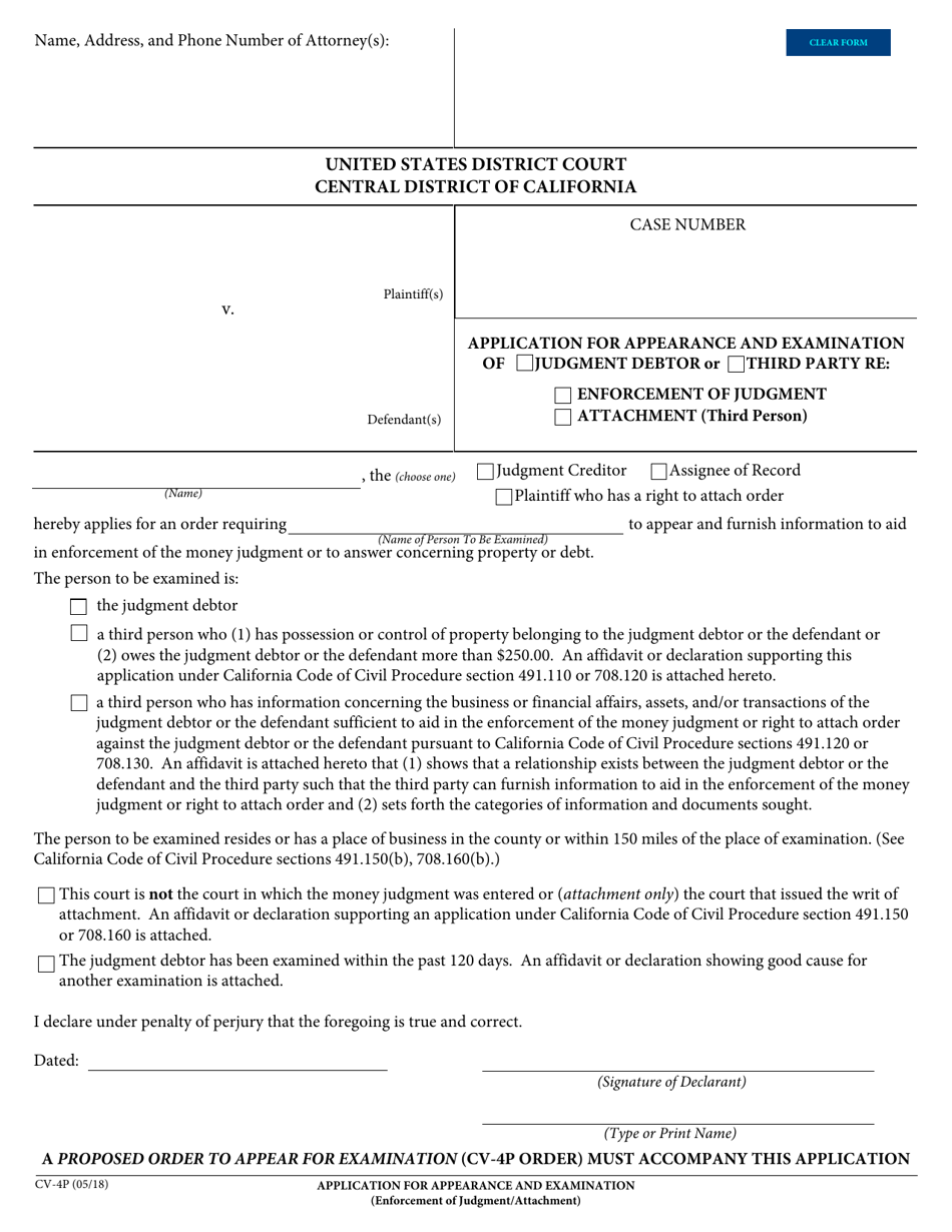 Form CV-4P Application for Appearance and Examination (Enforcement of Judgment / Attachment) - California, Page 1