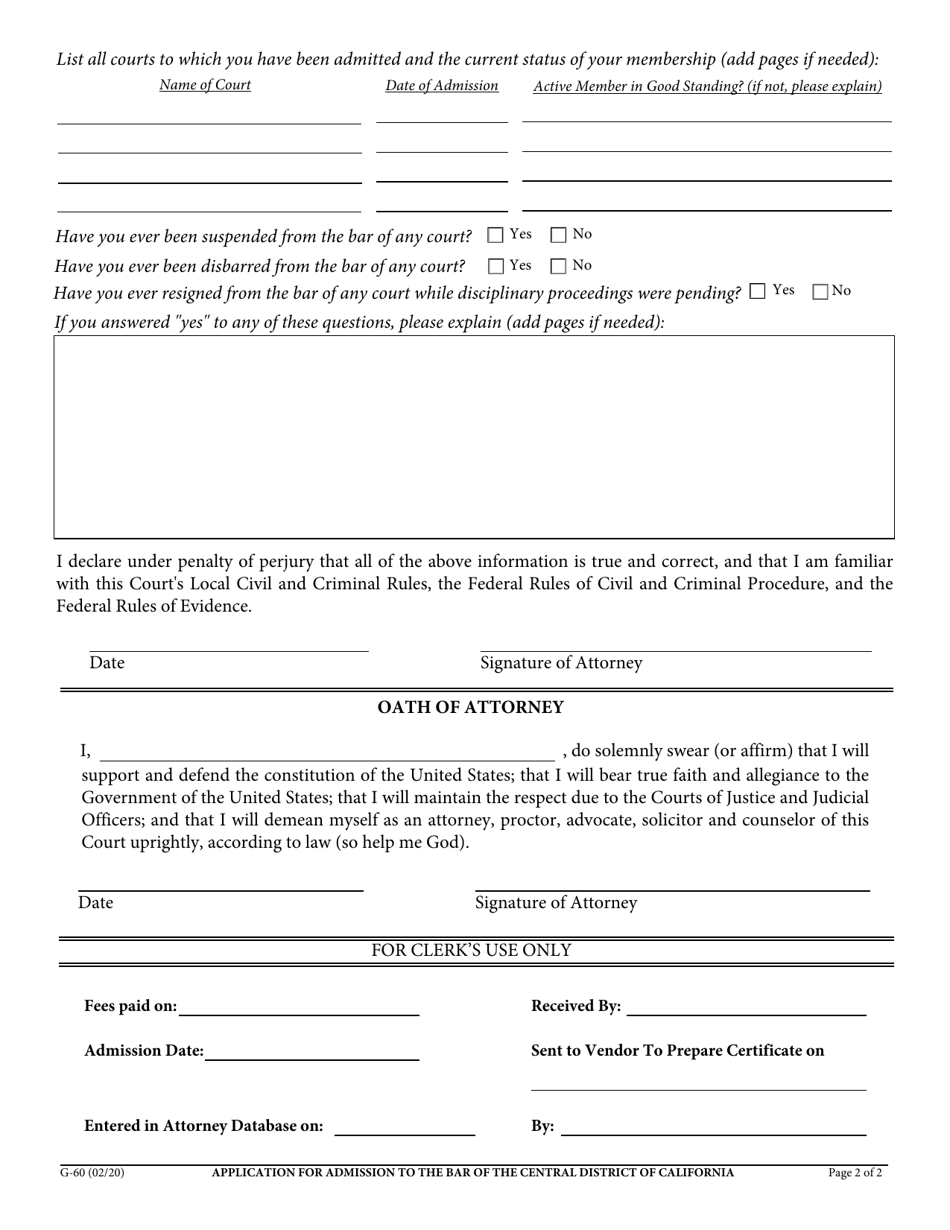 Form G-60 Application for Admission to the Bar of the Central District of California - California, Page 3
