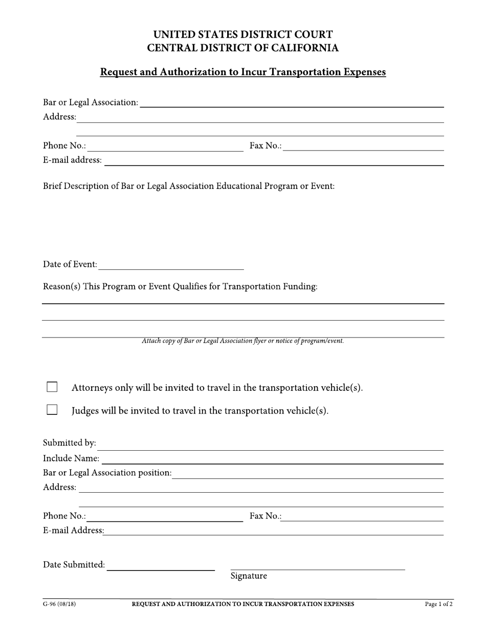 Form G-96 Request and Authorization to Incur Transportation Expenses - California, Page 1