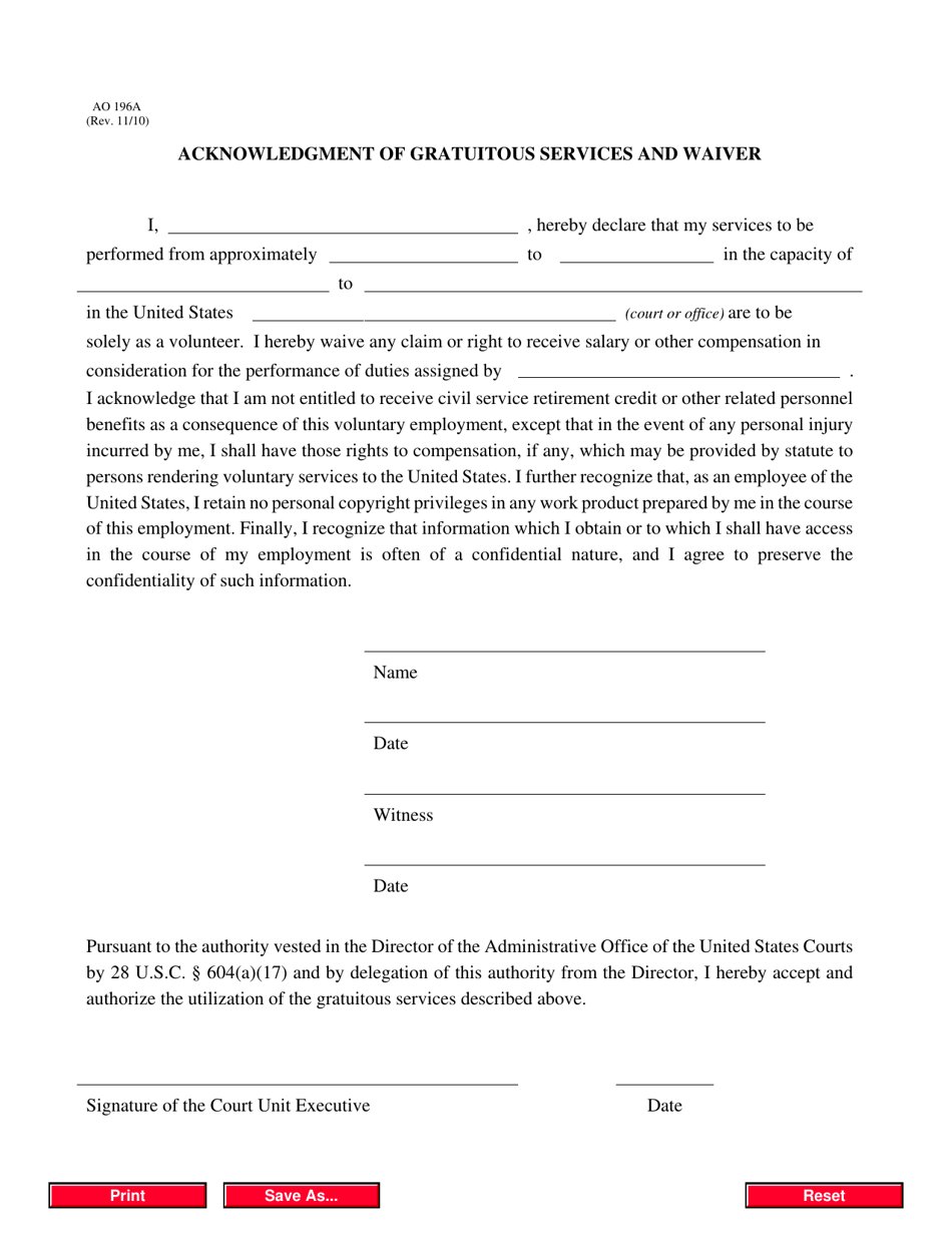 Form AO196A Acknowledgment of Gratuitous Services and Waiver - California, Page 1