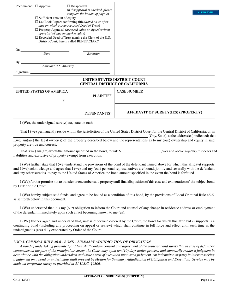 Form CR-3 Affidavit of Surety(Ies) (Property) - California, Page 1