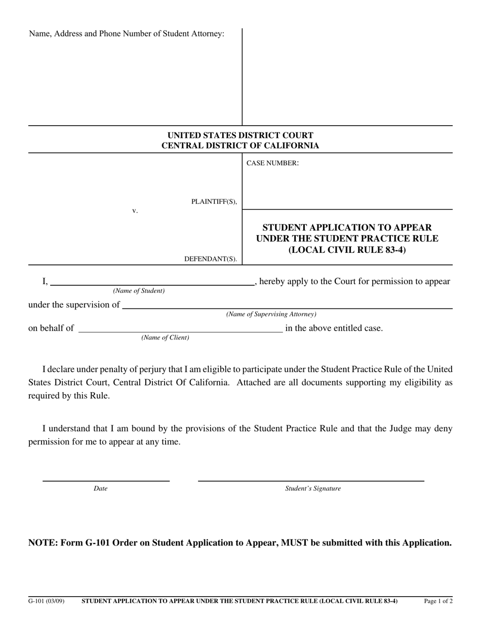 Form G-101 Student Application to Appear Under the Student Practice Rule (Local Civil Rule 83-4) - California, Page 1