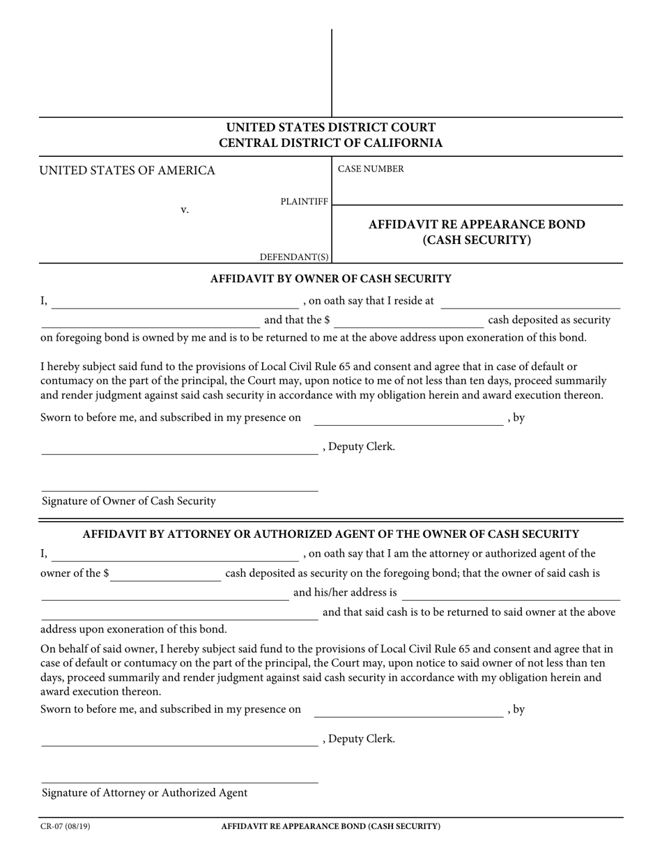 Form CR-07 Affidavit Re Appearance Bond (Cash Security) - California, Page 1