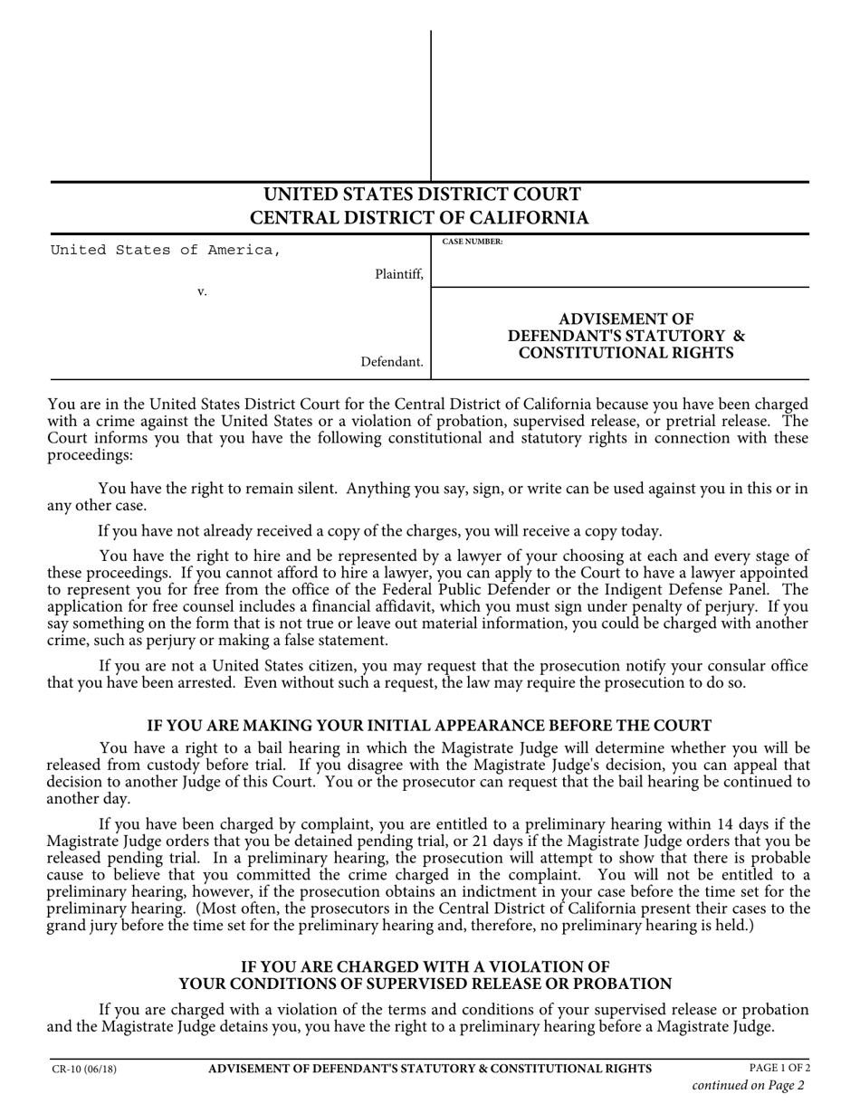 Form CR-10 Advisement of Defendants Statutory  Constitutional Rights - California, Page 1