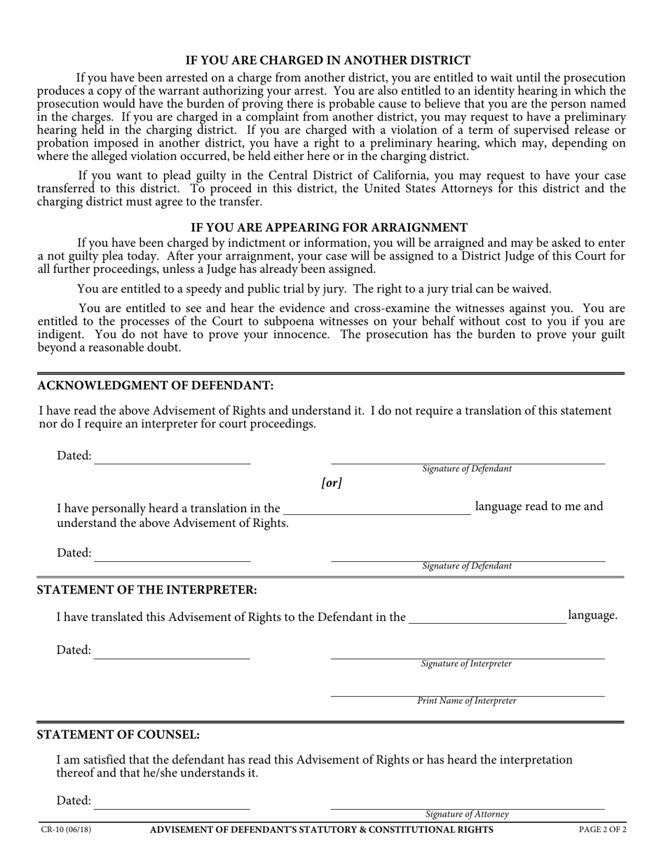 Form CR-10 Advisement of Defendants Statutory  Constitutional Rights - California, Page 2