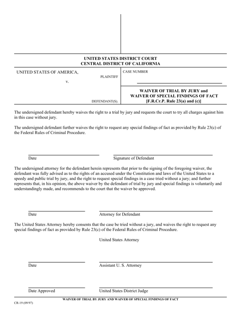 Form CR-19 Waiver of Trial by Jury and Waiver of Special Findings of Fact - California